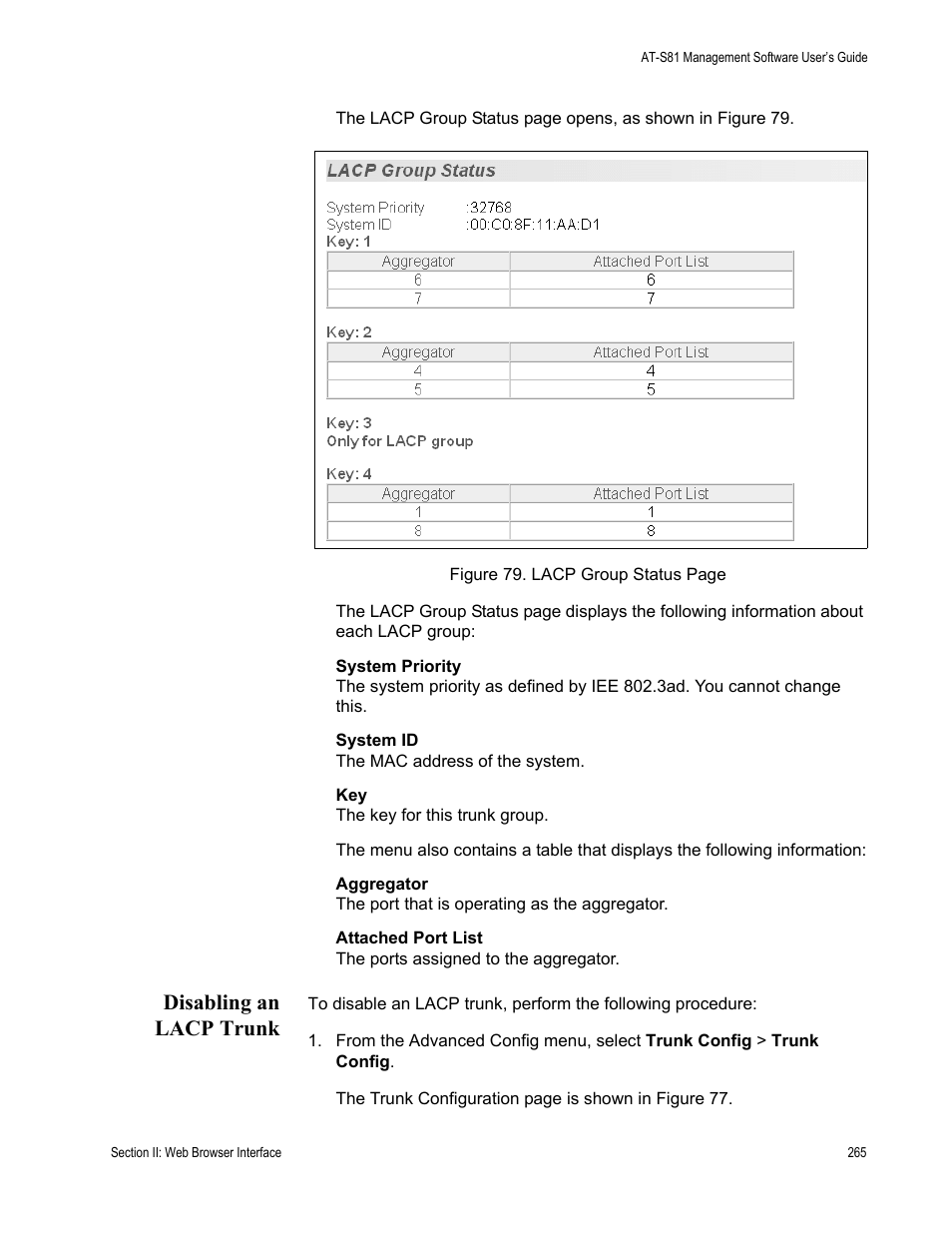 Disabling an lacp trunk | Allied Telesis AT-S81 User Manual | Page 265 / 360