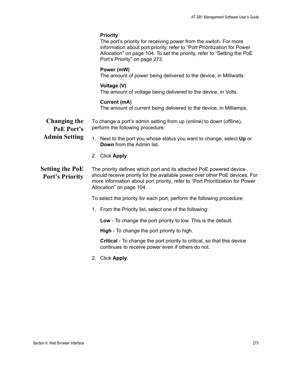 Changing the poe port’s admin setting, Setting the poe port’s priority | Allied Telesis AT-S81 User Manual | Page 273 / 360