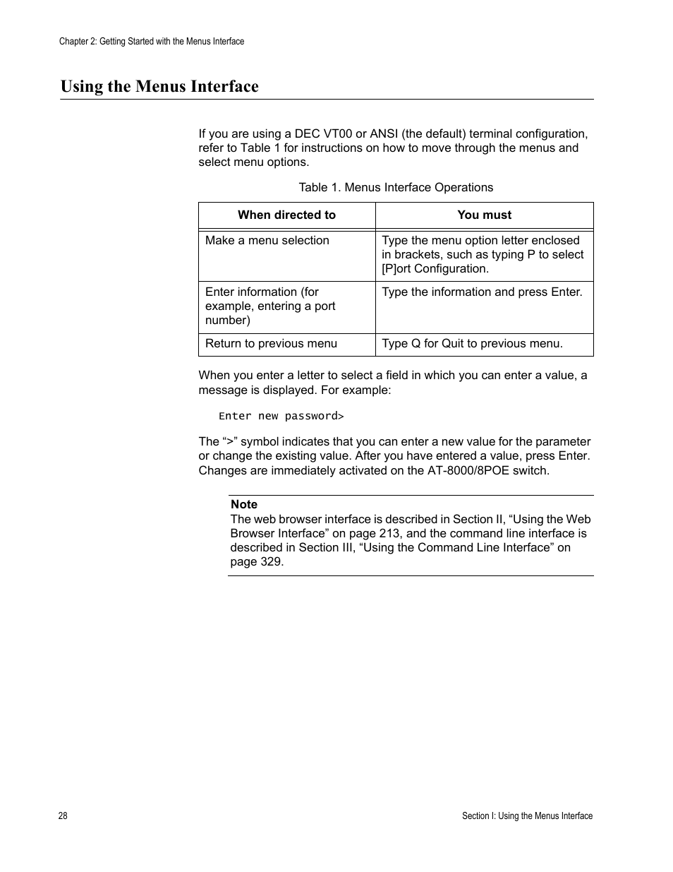 Using the menus interface | Allied Telesis AT-S81 User Manual | Page 28 / 360