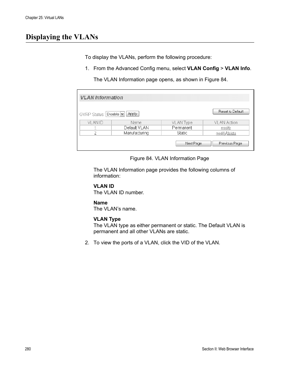 Displaying the vlans | Allied Telesis AT-S81 User Manual | Page 280 / 360