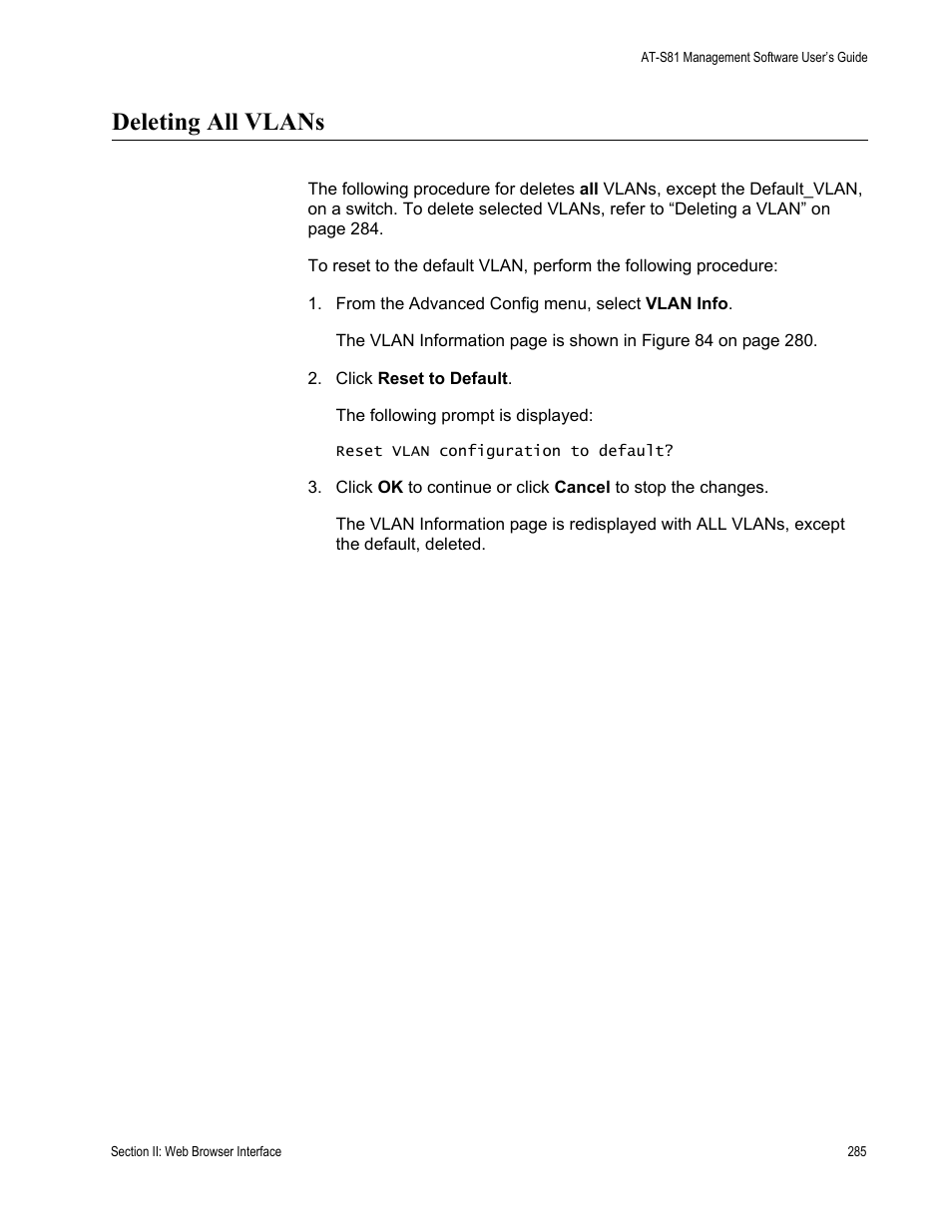 Deleting all vlans | Allied Telesis AT-S81 User Manual | Page 285 / 360