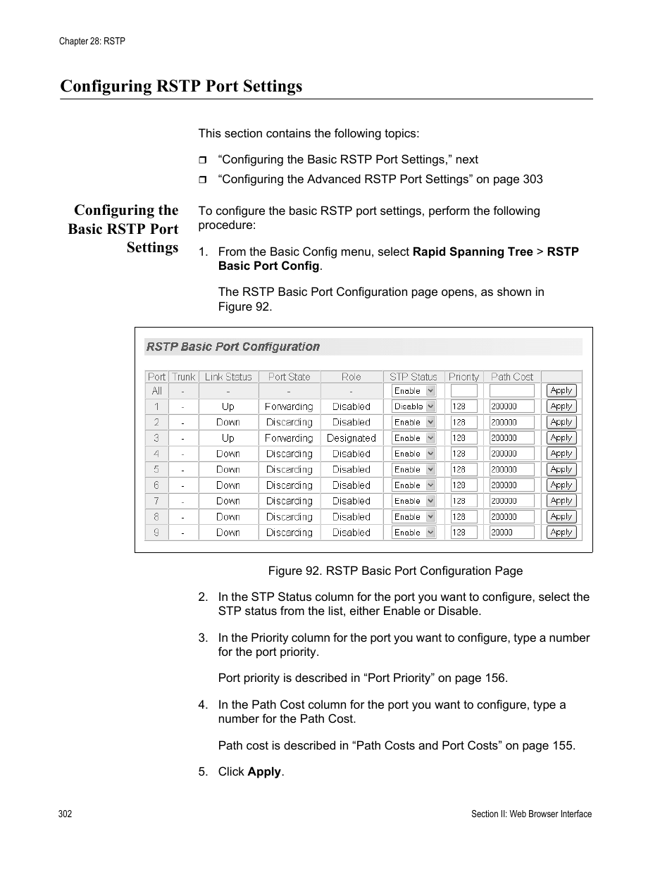 Configuring rstp port settings, Configuring the basic rstp port settings | Allied Telesis AT-S81 User Manual | Page 302 / 360