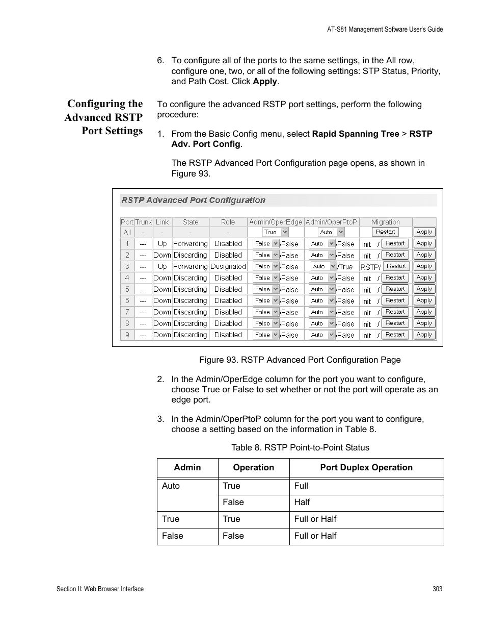 Configuring the advanced rstp port settings | Allied Telesis AT-S81 User Manual | Page 303 / 360