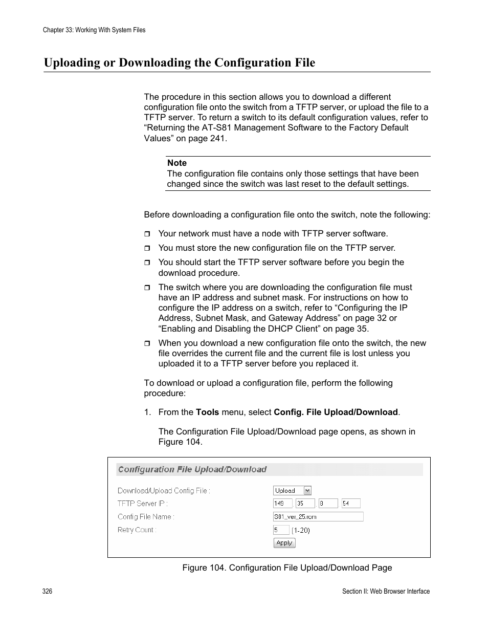 Uploading or downloading the configuration file | Allied Telesis AT-S81 User Manual | Page 326 / 360