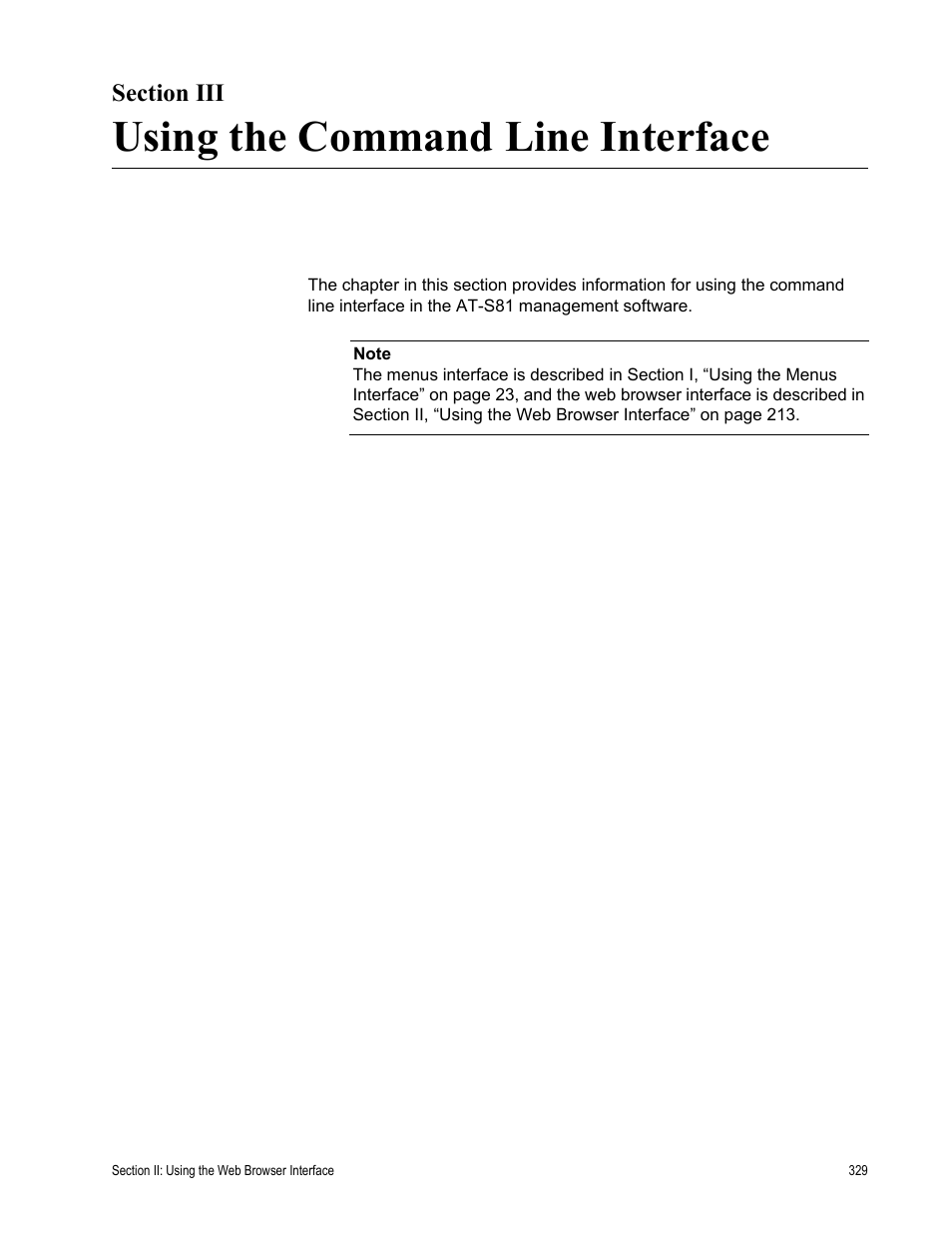 Section iii, Using the command line interface, Section iii: using the command line interface | Allied Telesis AT-S81 User Manual | Page 329 / 360
