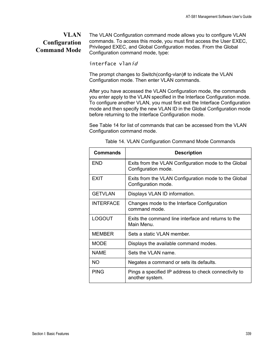 Vlan configuration command mode | Allied Telesis AT-S81 User Manual | Page 339 / 360