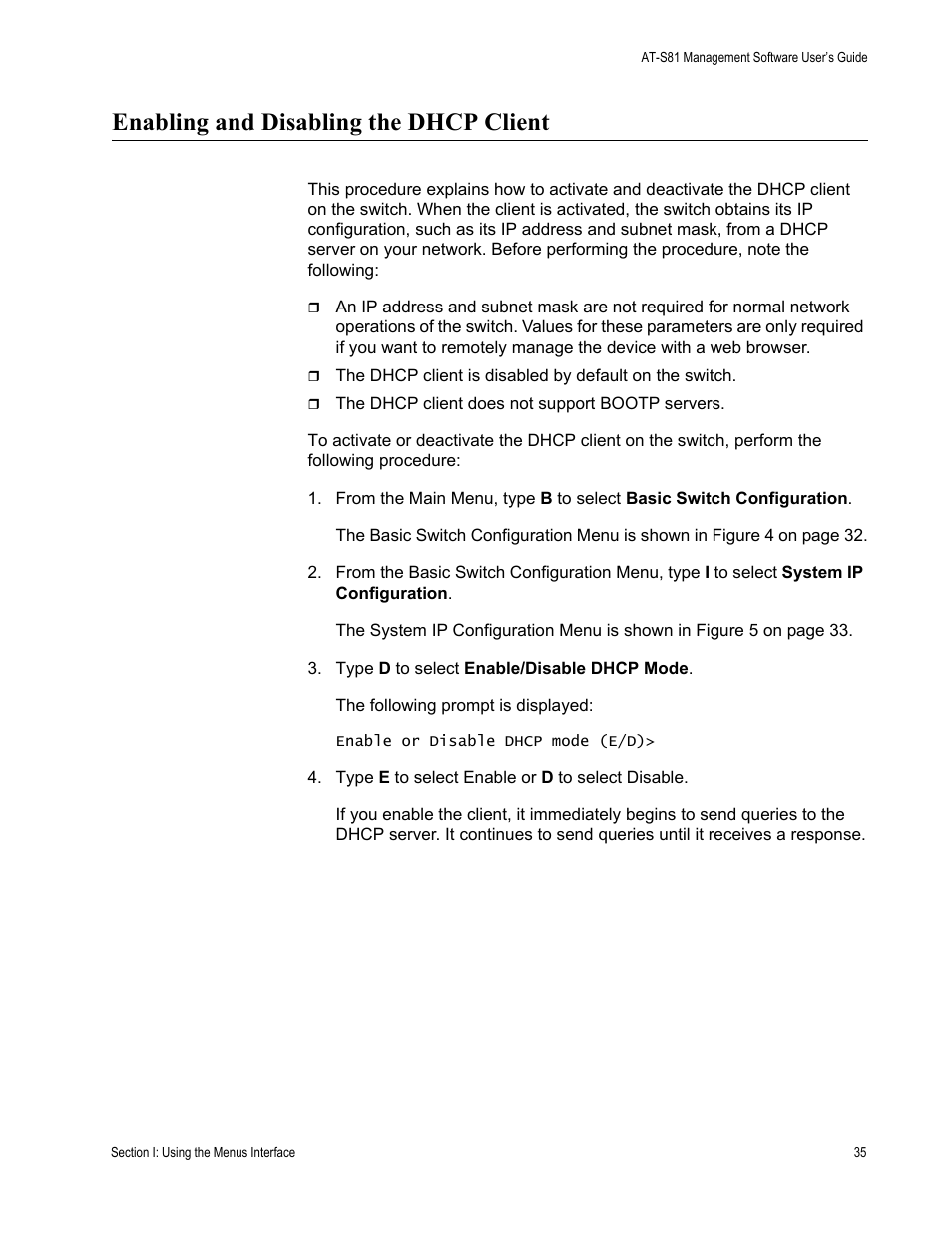 Enabling and disabling the dhcp client | Allied Telesis AT-S81 User Manual | Page 35 / 360