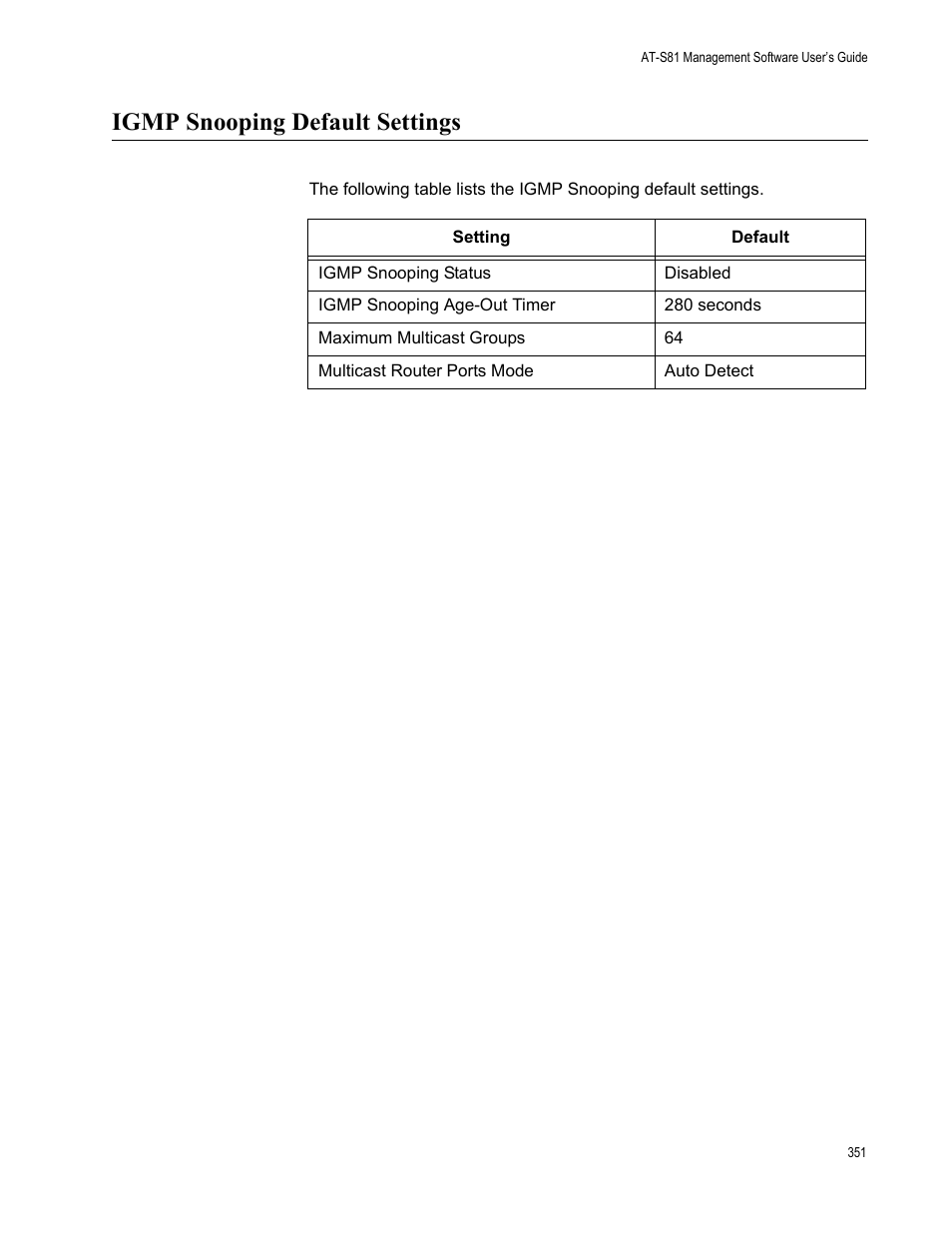 Igmp snooping default settings | Allied Telesis AT-S81 User Manual | Page 351 / 360