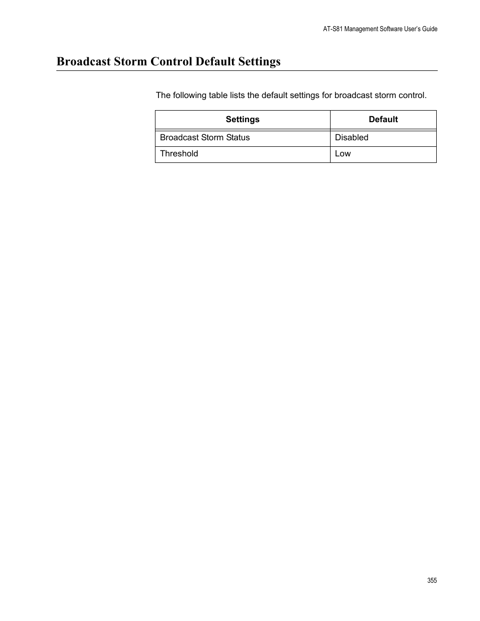 Broadcast storm control default settings | Allied Telesis AT-S81 User Manual | Page 355 / 360