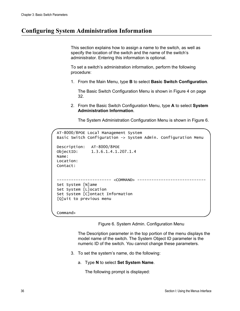 Configuring system administration information | Allied Telesis AT-S81 User Manual | Page 36 / 360