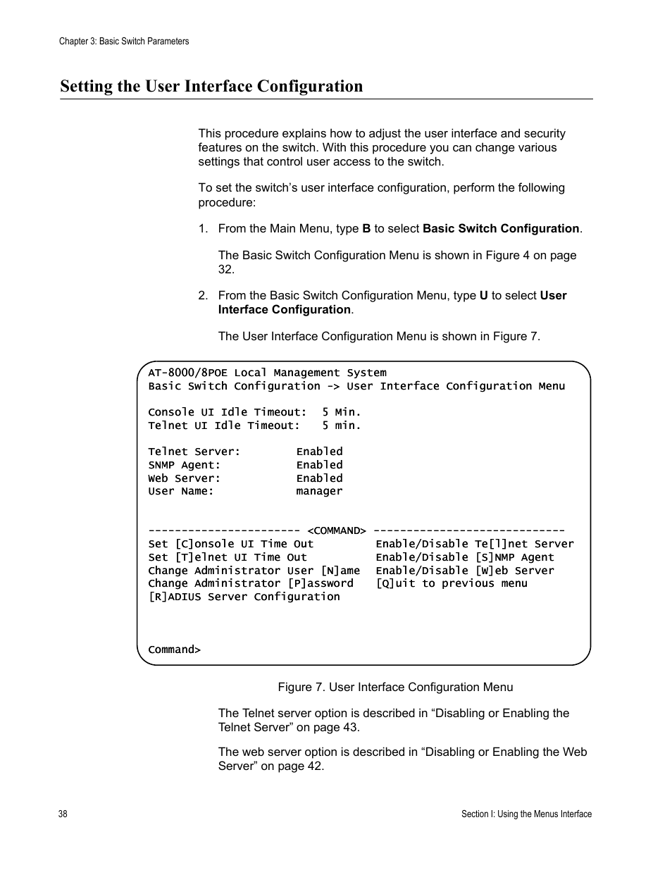 Setting the user interface configuration | Allied Telesis AT-S81 User Manual | Page 38 / 360