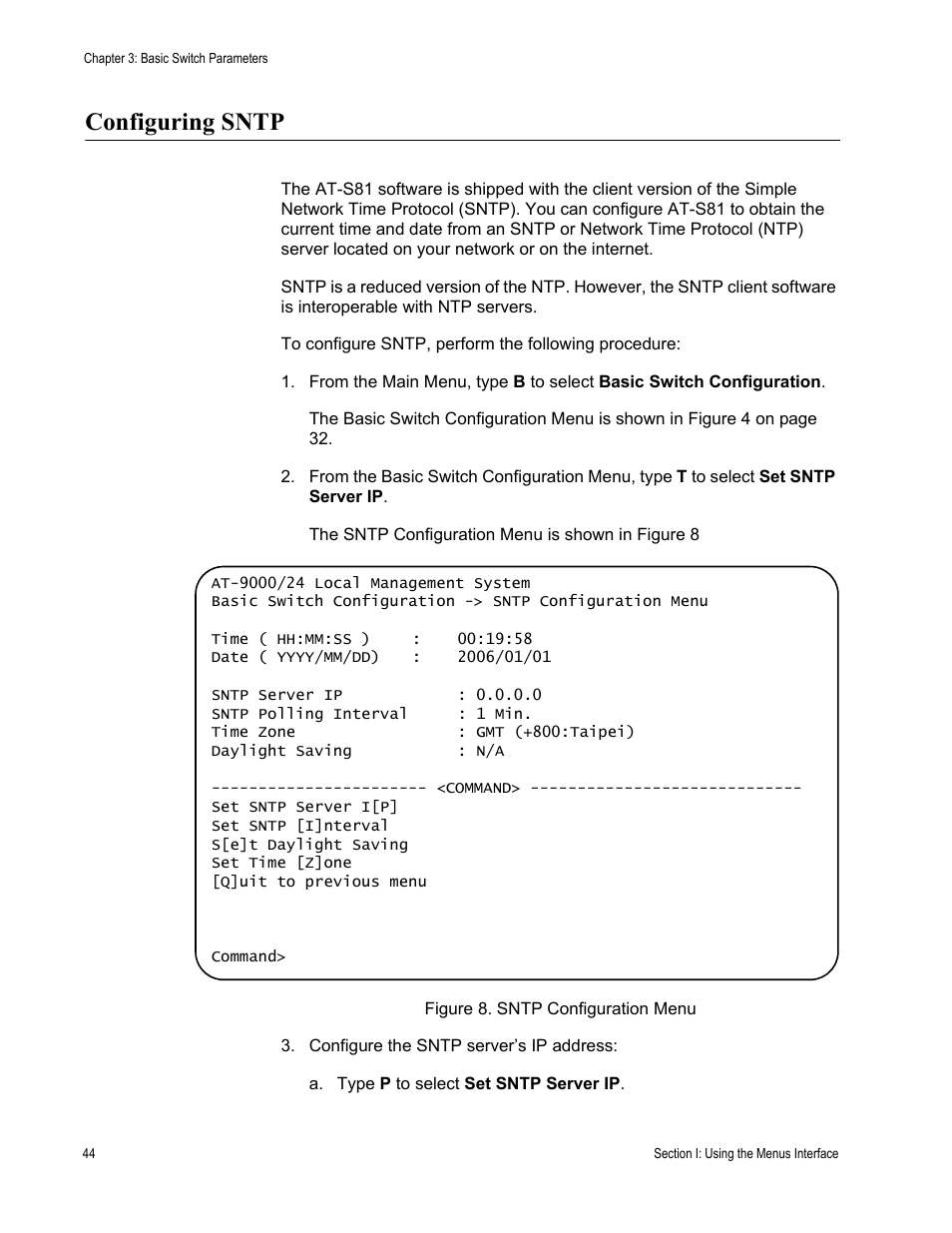 Configuring sntp | Allied Telesis AT-S81 User Manual | Page 44 / 360