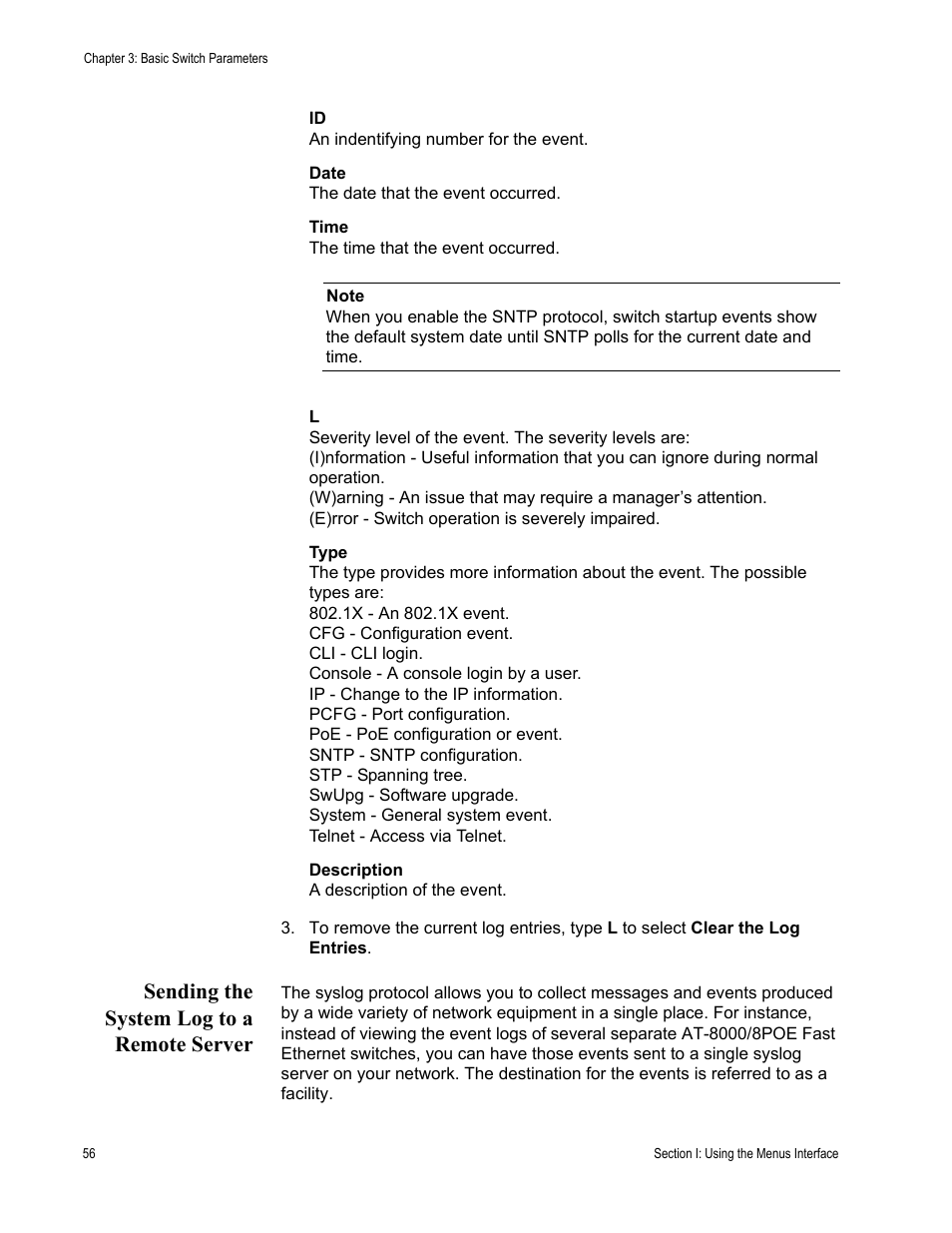 Sending the system log to a remote server | Allied Telesis AT-S81 User Manual | Page 56 / 360
