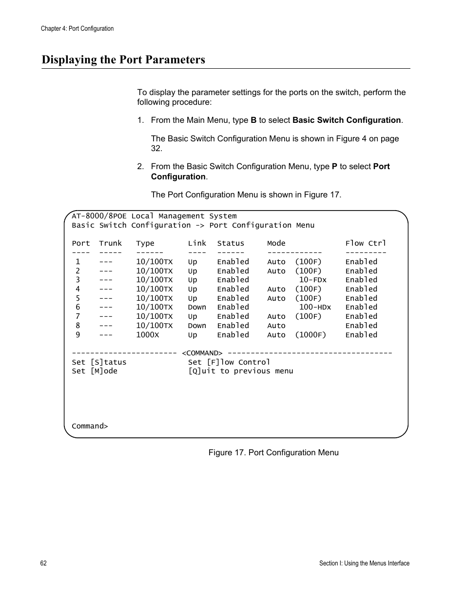 Displaying the port parameters | Allied Telesis AT-S81 User Manual | Page 62 / 360