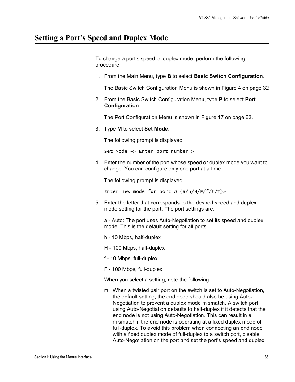 Setting a port’s speed and duplex mode | Allied Telesis AT-S81 User Manual | Page 65 / 360