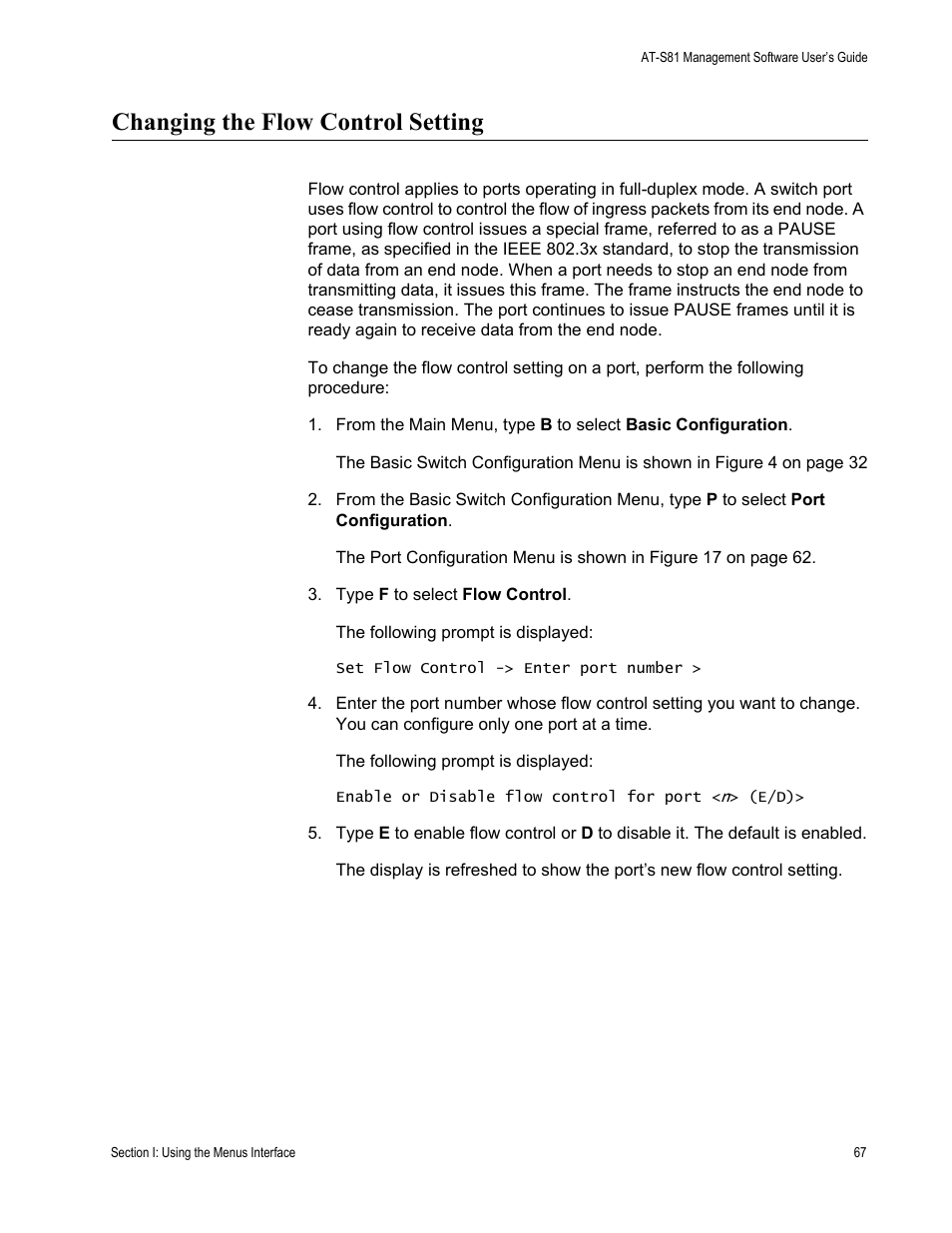 Changing the flow control setting | Allied Telesis AT-S81 User Manual | Page 67 / 360