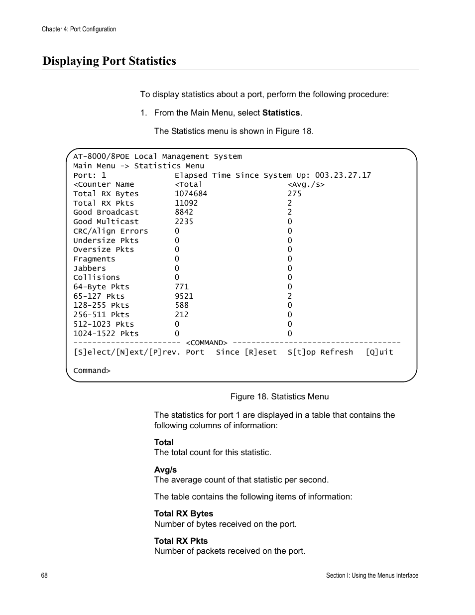 Displaying port statistics | Allied Telesis AT-S81 User Manual | Page 68 / 360