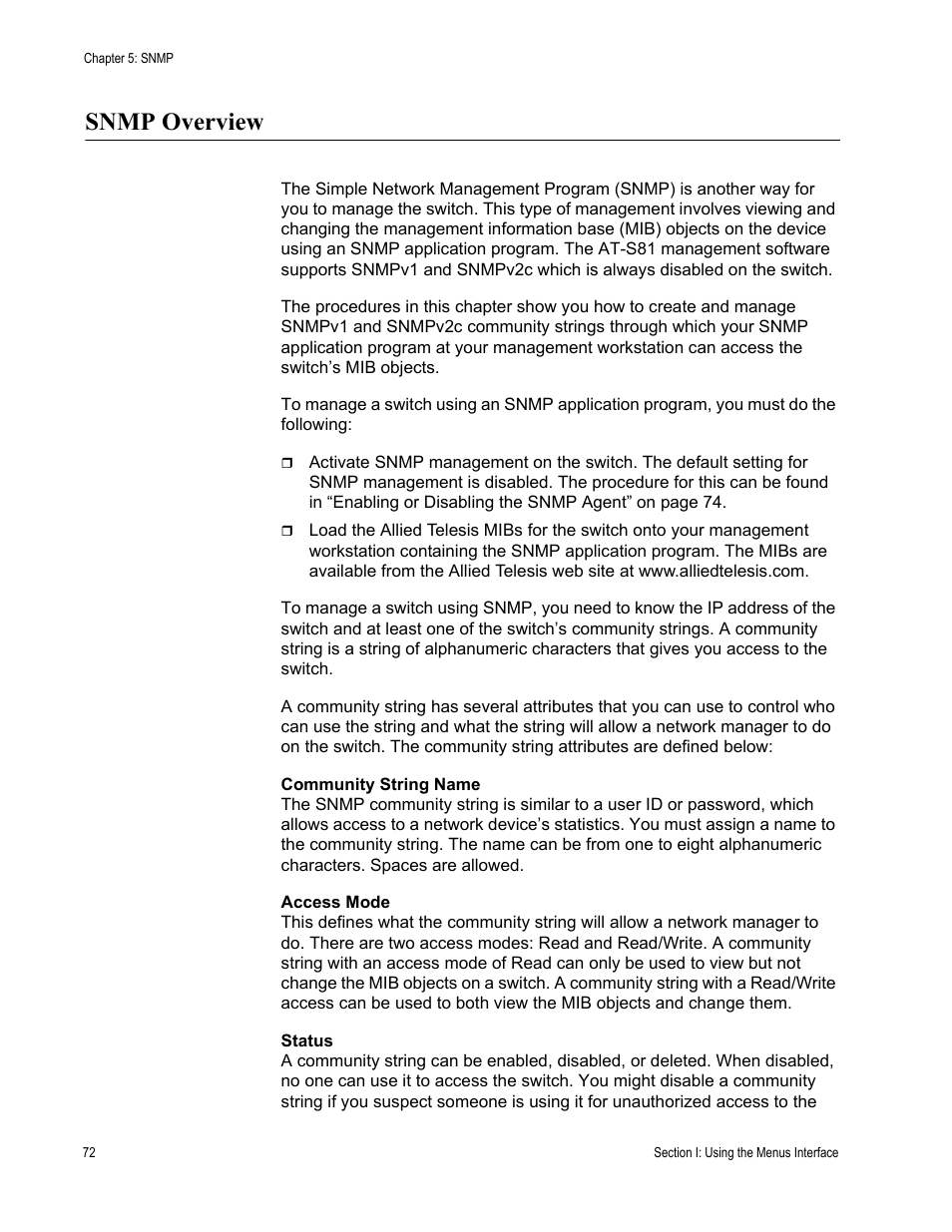 Snmp overview | Allied Telesis AT-S81 User Manual | Page 72 / 360