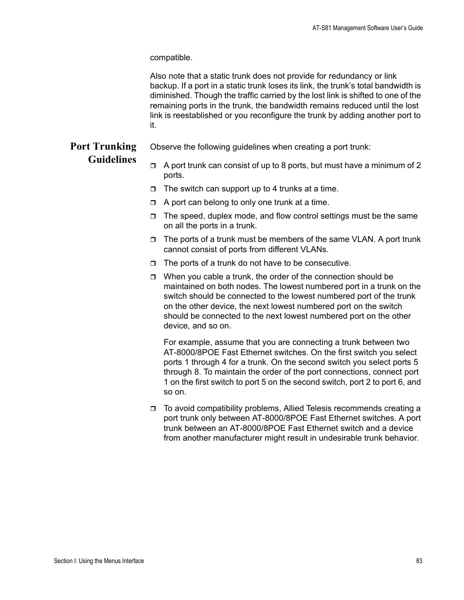 Port trunking guidelines | Allied Telesis AT-S81 User Manual | Page 83 / 360