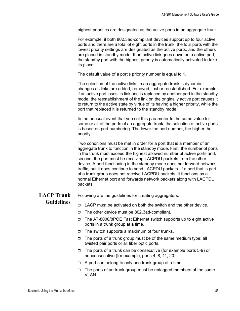 Lacp trunk guidelines | Allied Telesis AT-S81 User Manual | Page 85 / 360