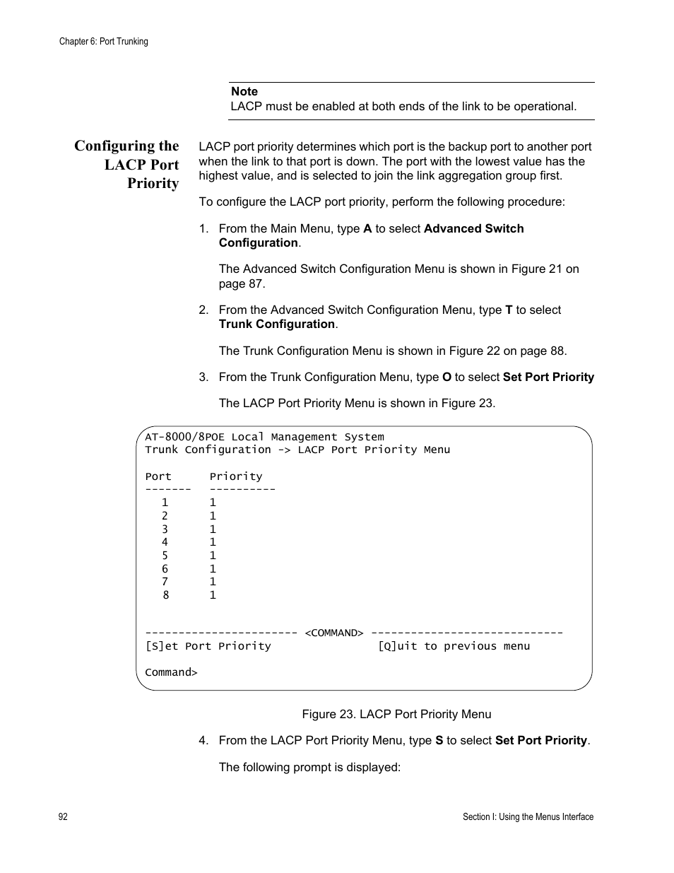 Configuring the lacp port priority | Allied Telesis AT-S81 User Manual | Page 92 / 360