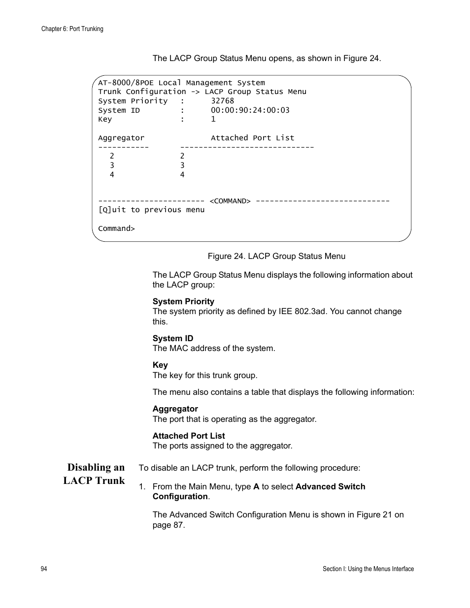 Disabling an lacp trunk | Allied Telesis AT-S81 User Manual | Page 94 / 360