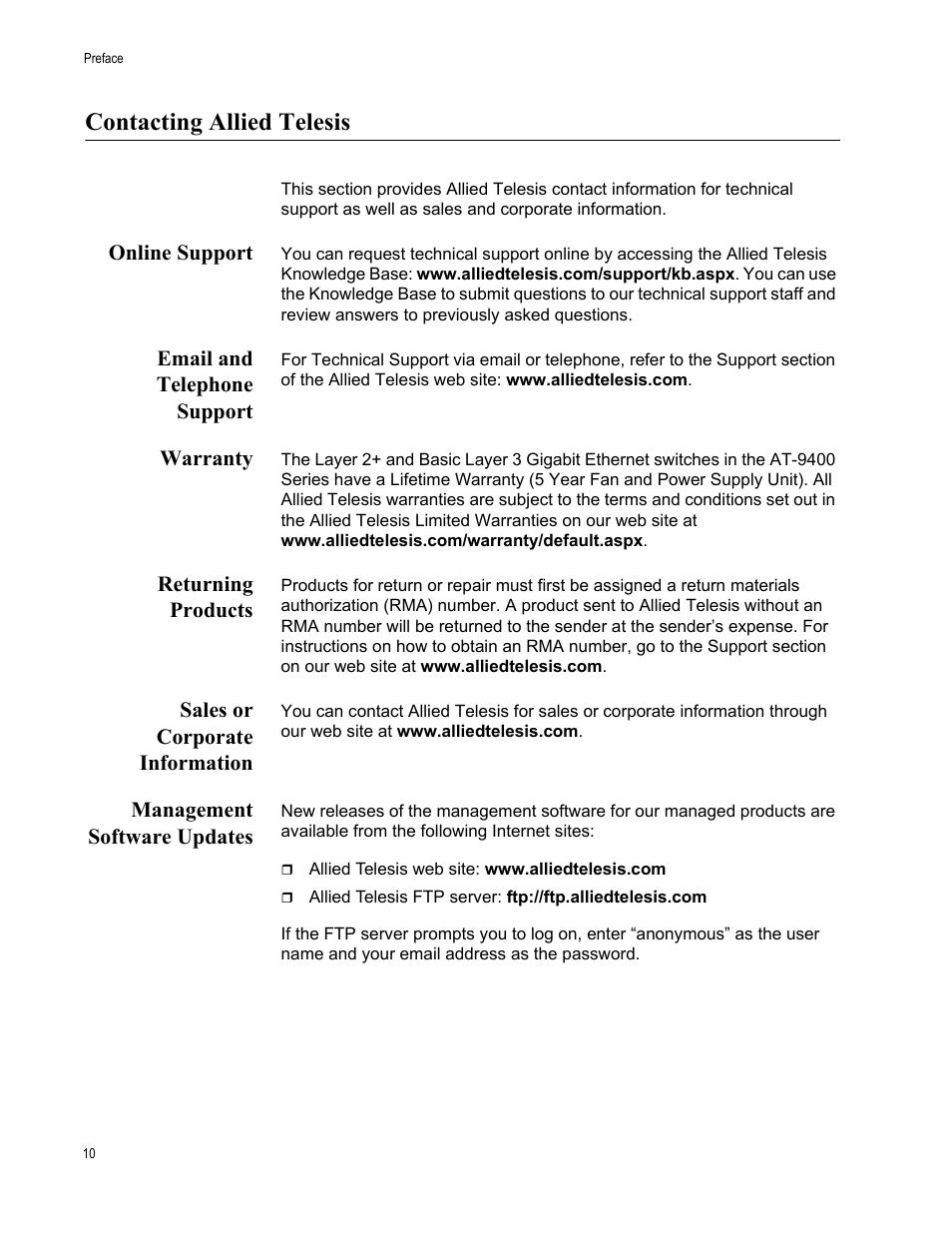 Contacting allied telesis, Online support, Email and telephone support | Warranty, Returning products, Sales or corporate information, Management software updates | Allied Telesis AT-S63 User Manual | Page 10 / 30