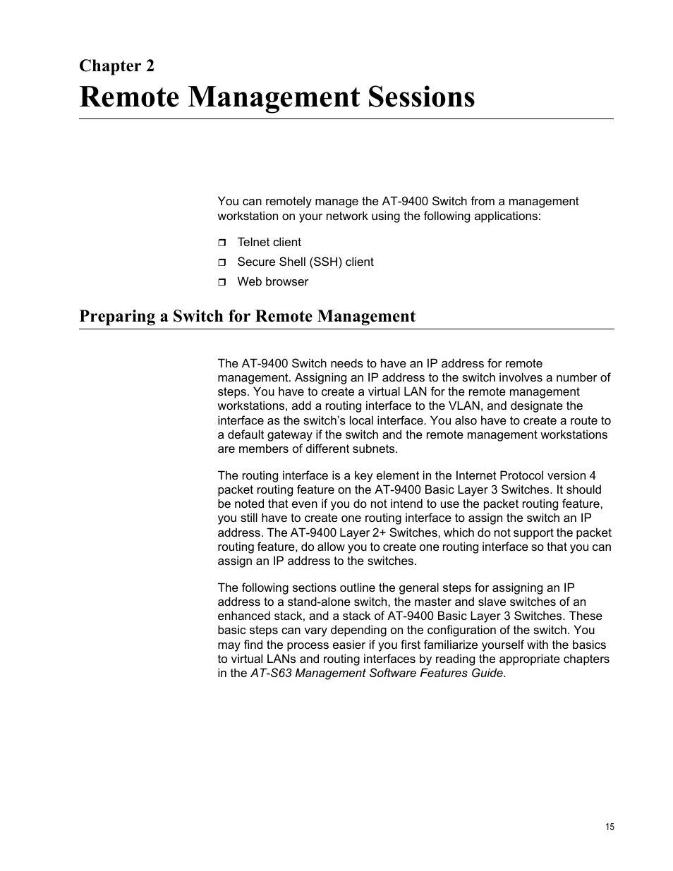 Chapter 2, Remote management sessions, Preparing a switch for remote management | Chapter 2: remote management sessions | Allied Telesis AT-S63 User Manual | Page 15 / 30