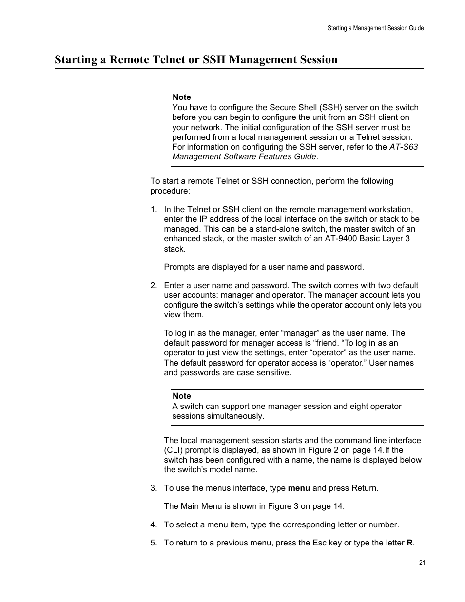 Starting a remote telnet or ssh management session | Allied Telesis AT-S63 User Manual | Page 21 / 30