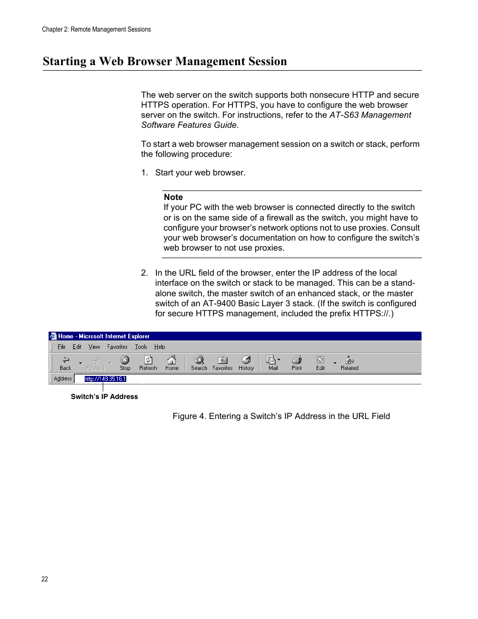 Starting a web browser management session | Allied Telesis AT-S63 User Manual | Page 22 / 30