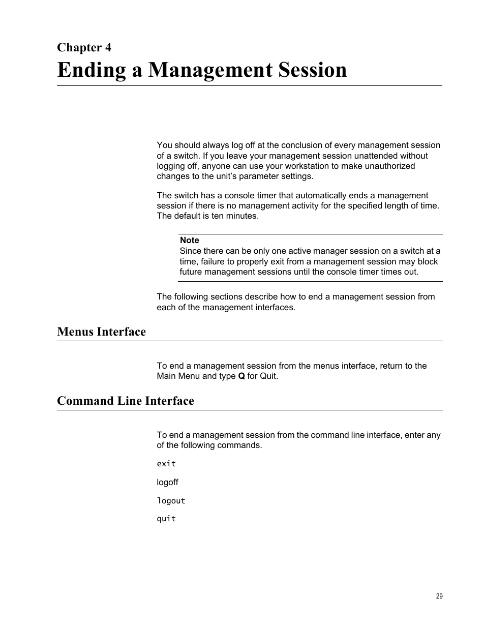 Chapter 4, Ending a management session, Menus interface | Command line interface, R 4: ending a management session, Menus interface command line interface | Allied Telesis AT-S63 User Manual | Page 29 / 30