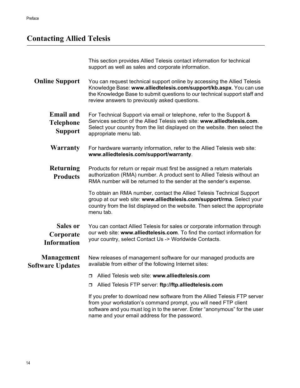 Contacting allied telesis, Online support, Email and telephone support | Warranty, Returning products, Sales or corporate information, Management software updates | Allied Telesis AT-MCR12 User Manual | Page 14 / 50