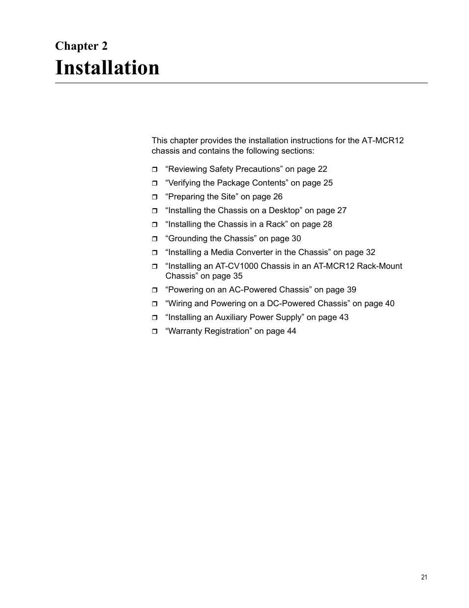 Chapter 2, Installation, R 2: installation | Allied Telesis AT-MCR12 User Manual | Page 21 / 50