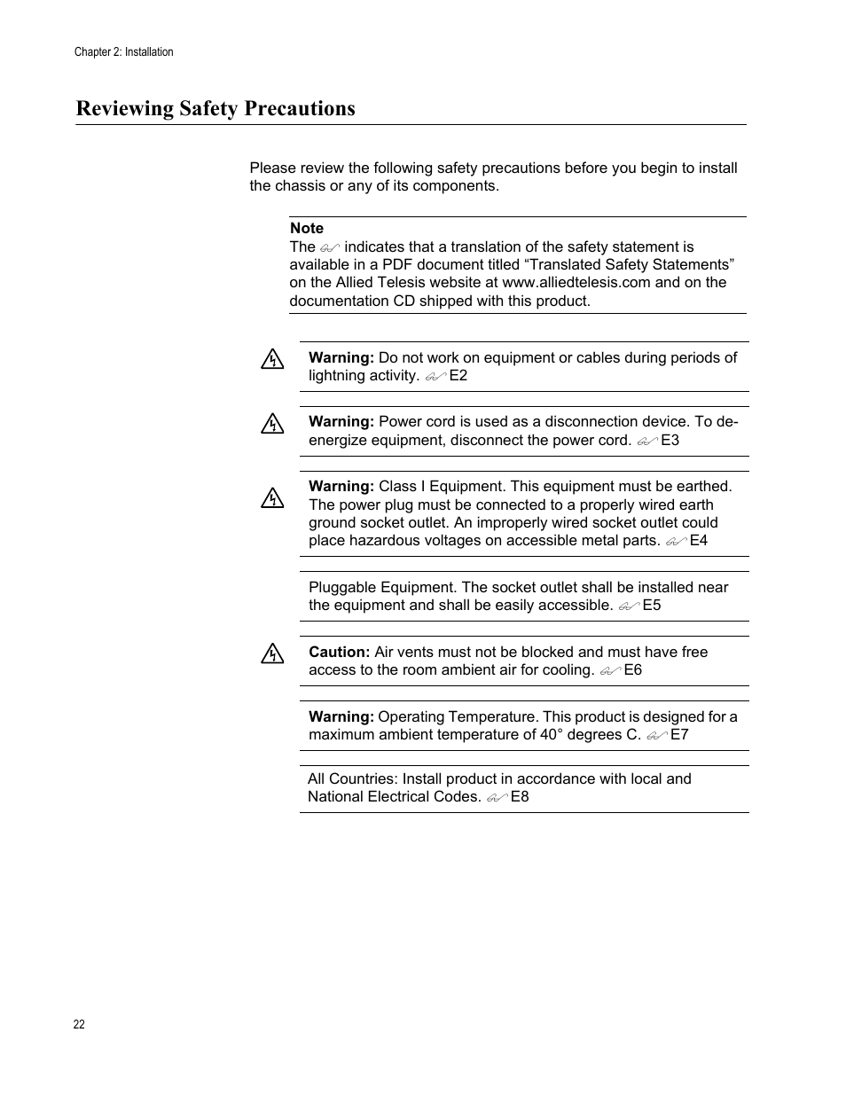 Reviewing safety precautions | Allied Telesis AT-MCR12 User Manual | Page 22 / 50