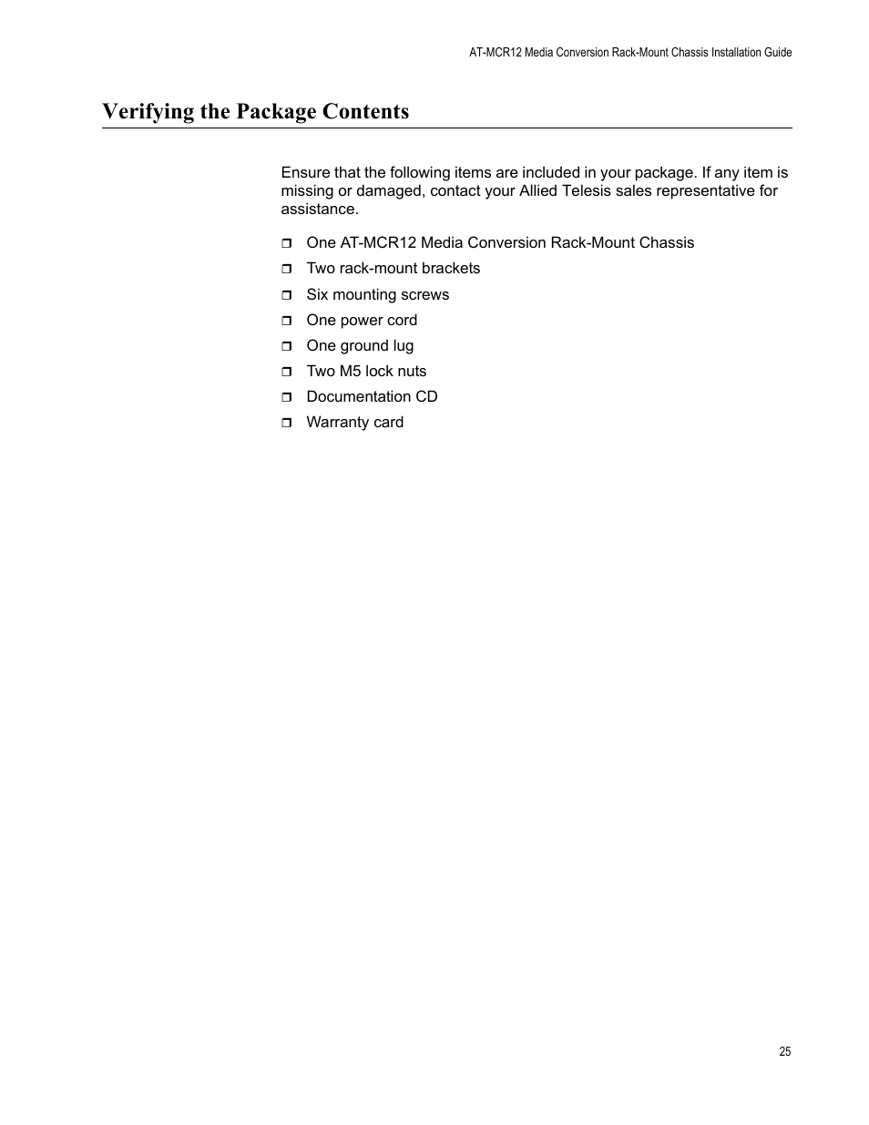 Verifying the package contents | Allied Telesis AT-MCR12 User Manual | Page 25 / 50