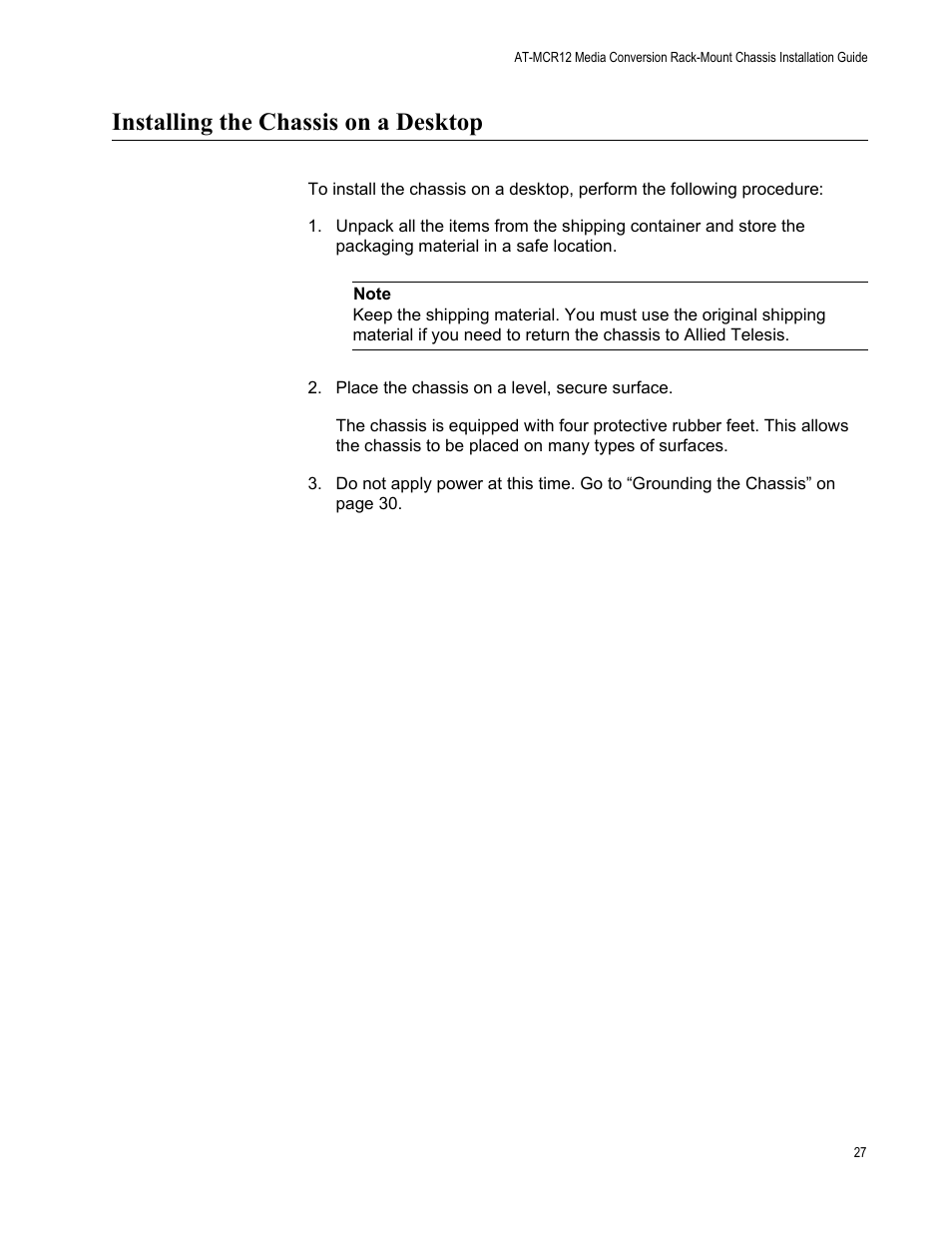 Installing the chassis on a desktop | Allied Telesis AT-MCR12 User Manual | Page 27 / 50