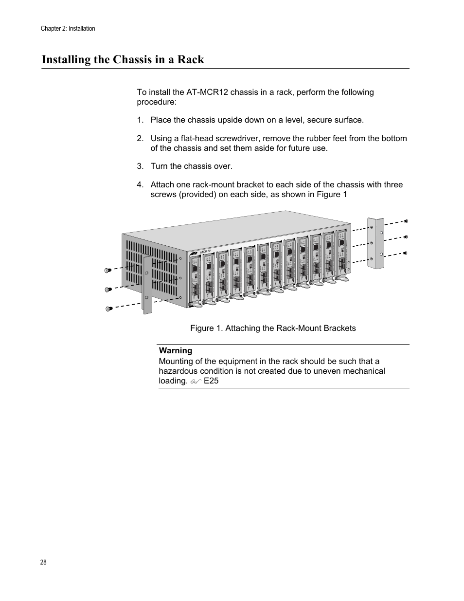 Installing the chassis in a rack, Figure 6. attaching the rack-mount brackets | Allied Telesis AT-MCR12 User Manual | Page 28 / 50