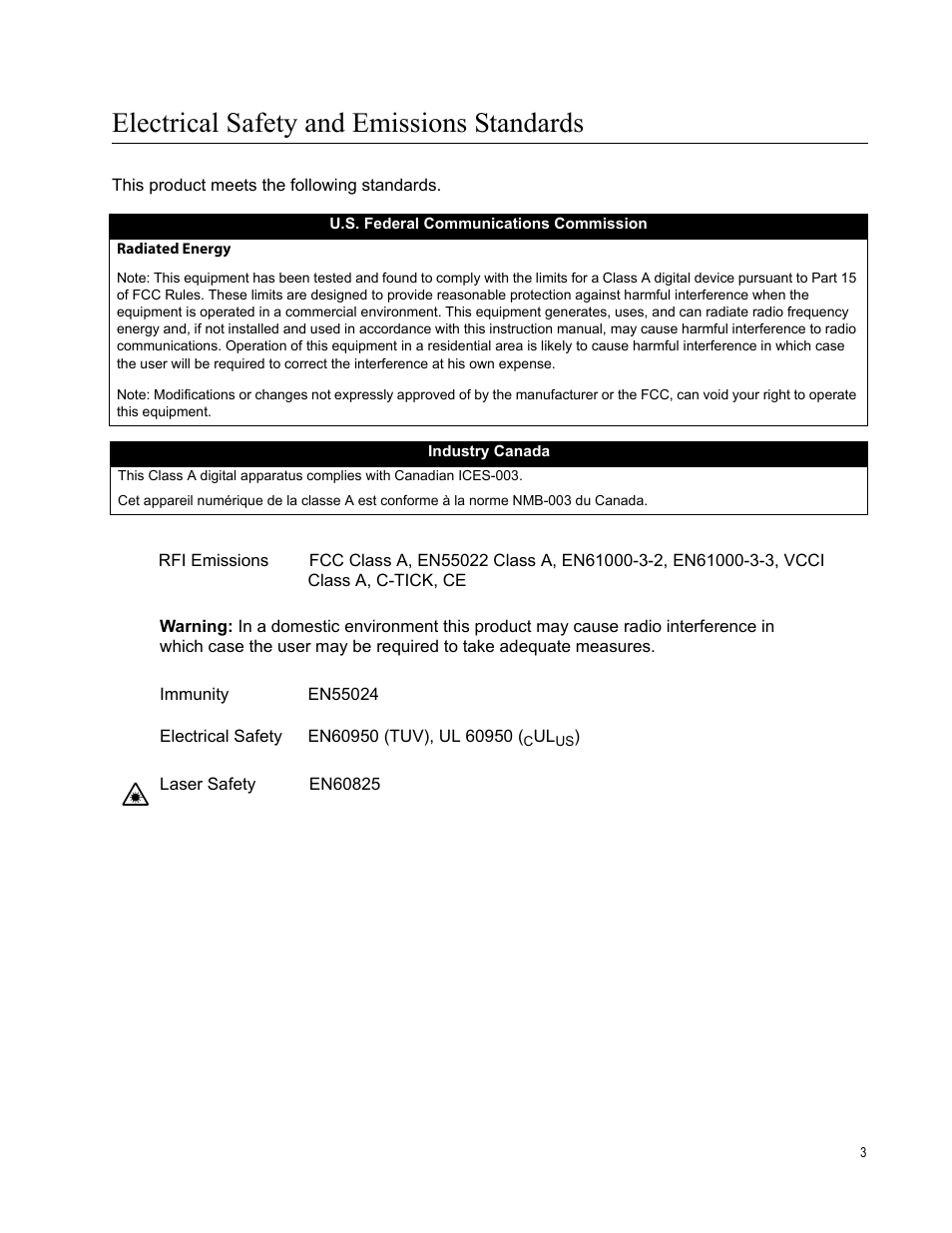 Electrical safety and emissions standards | Allied Telesis AT-MCR12 User Manual | Page 3 / 50