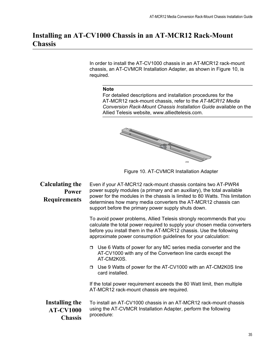Calculating the power requirements, Installing the at-cv1000 chassis, Figure 15. at-cvmcr installation adapter | Allied Telesis AT-MCR12 User Manual | Page 35 / 50