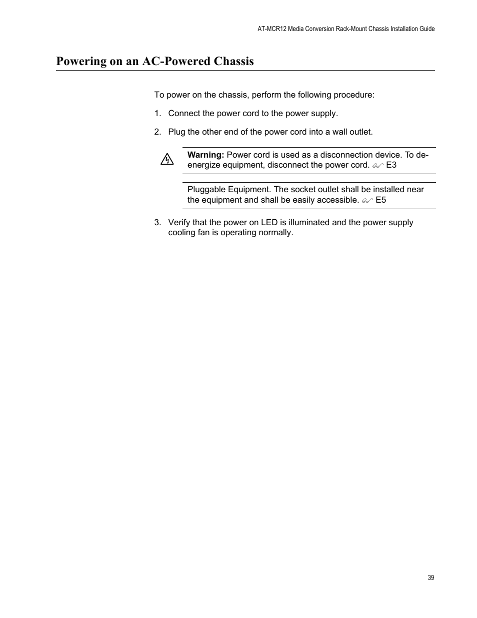 Powering on an ac-powered chassis | Allied Telesis AT-MCR12 User Manual | Page 39 / 50