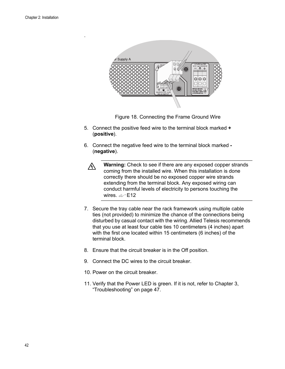 Connecting the frame ground wire | Allied Telesis AT-MCR12 User Manual | Page 42 / 50