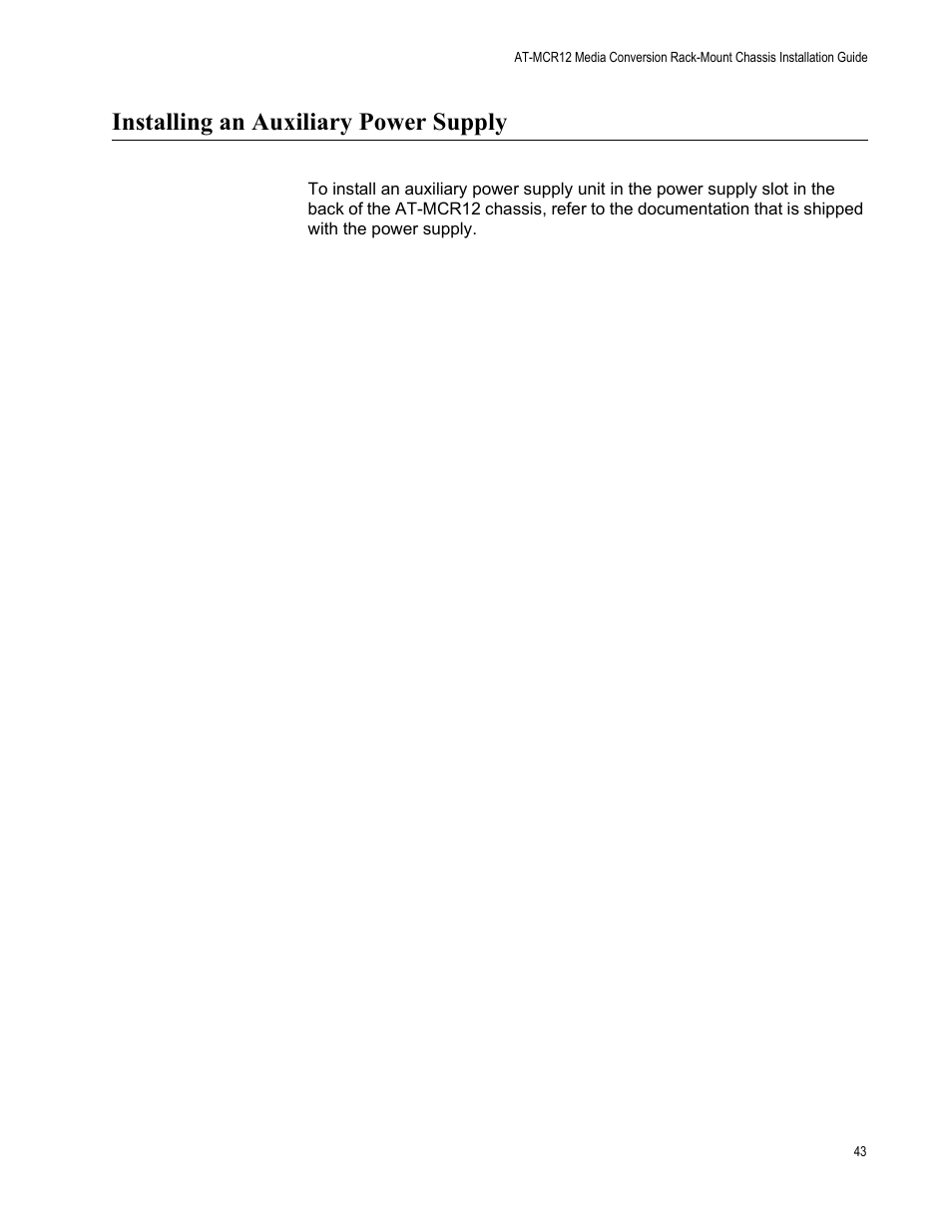 Installing an auxiliary power supply | Allied Telesis AT-MCR12 User Manual | Page 43 / 50