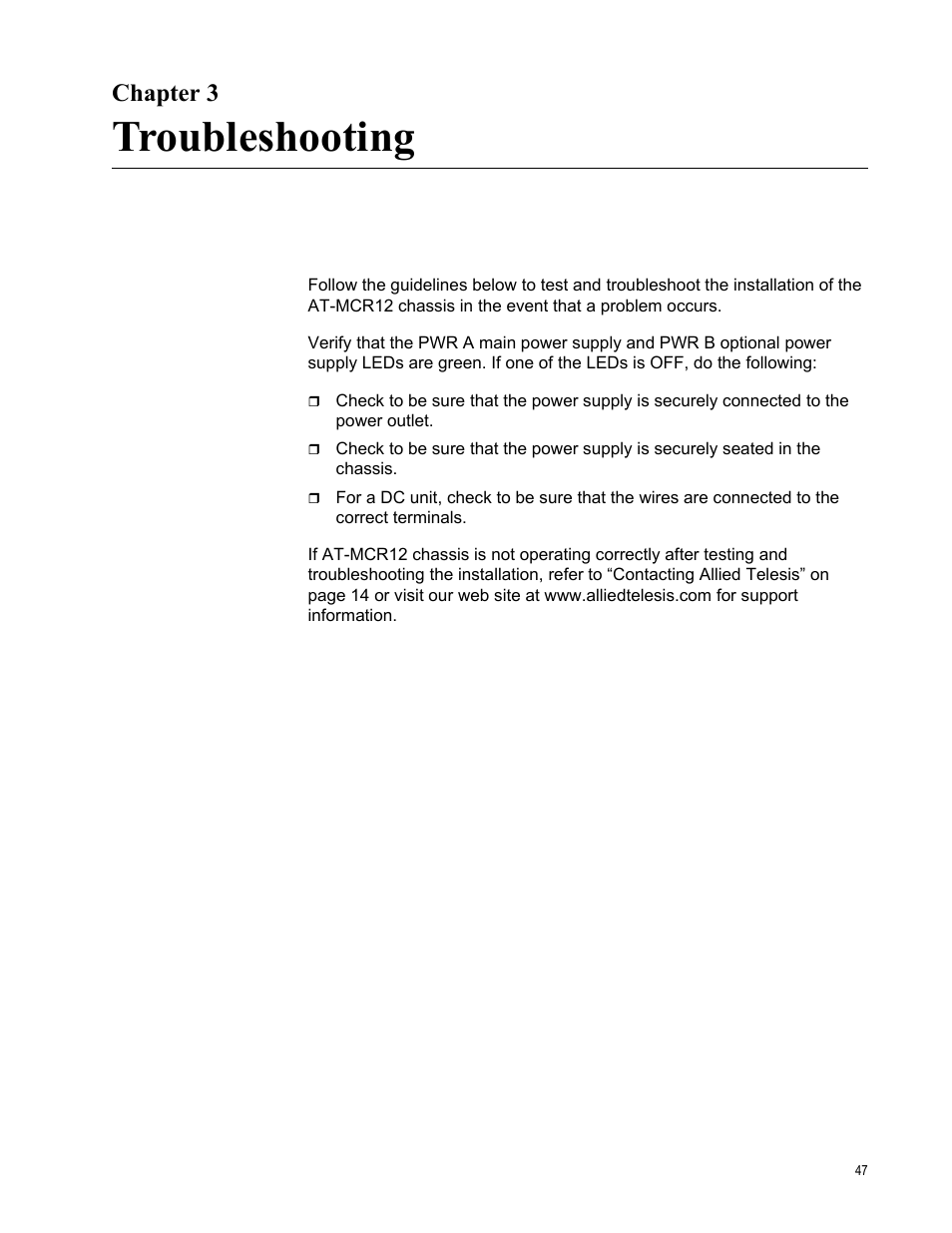 Chapter 3, Troubleshooting, R 3: troubleshooting | Allied Telesis AT-MCR12 User Manual | Page 47 / 50