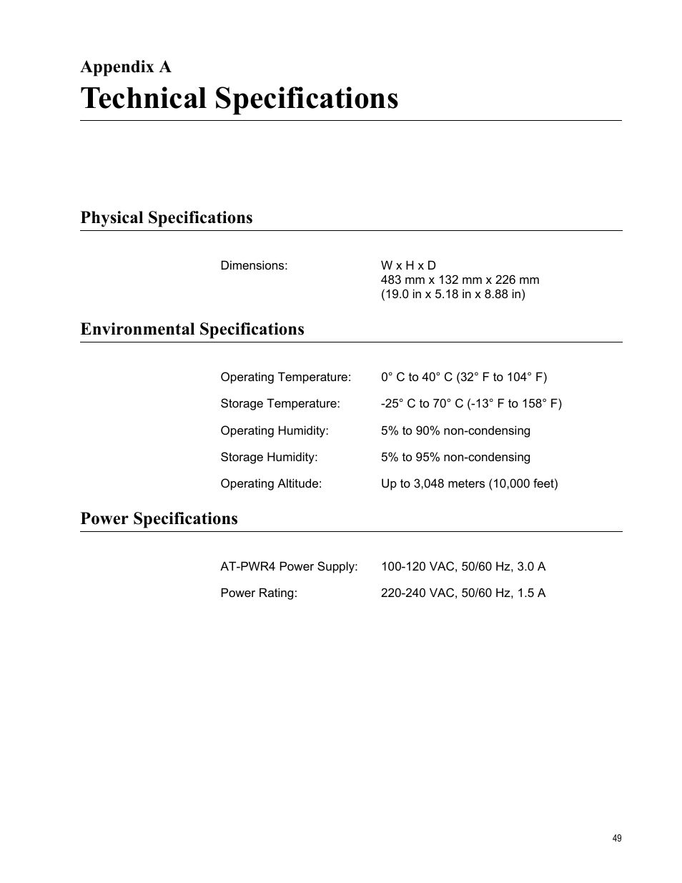 Appendix a, Technical specifications, Physical specifications | Environmental specifications, Power specifications, Appendix a: technical specifications | Allied Telesis AT-MCR12 User Manual | Page 49 / 50