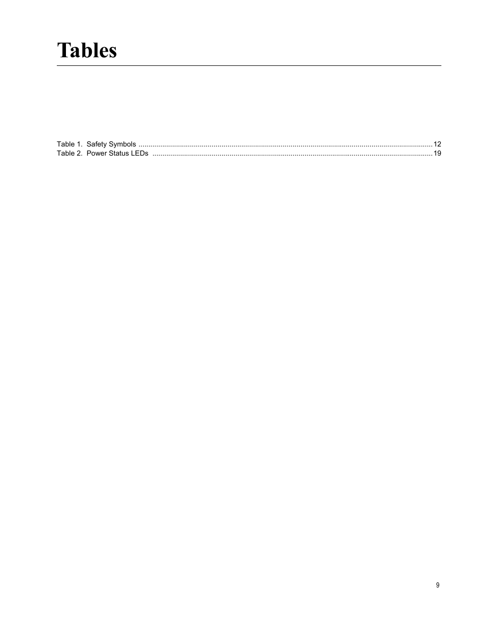 Table 1. safety symbols 12, Table 2. power status leds 19, Tables | Allied Telesis AT-MCR12 User Manual | Page 9 / 50