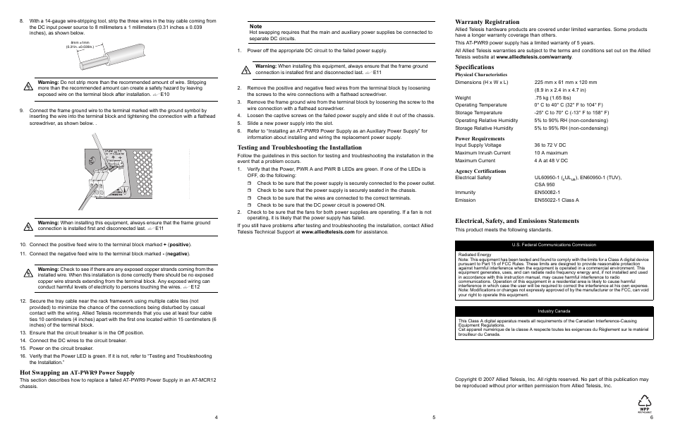 Hot swapping an, Testing and troubleshooting the installation, Warranty registration | Specifications, Electrical, safety, and emissions statements | Allied Telesis AT-PWR9 User Manual | Page 2 / 2