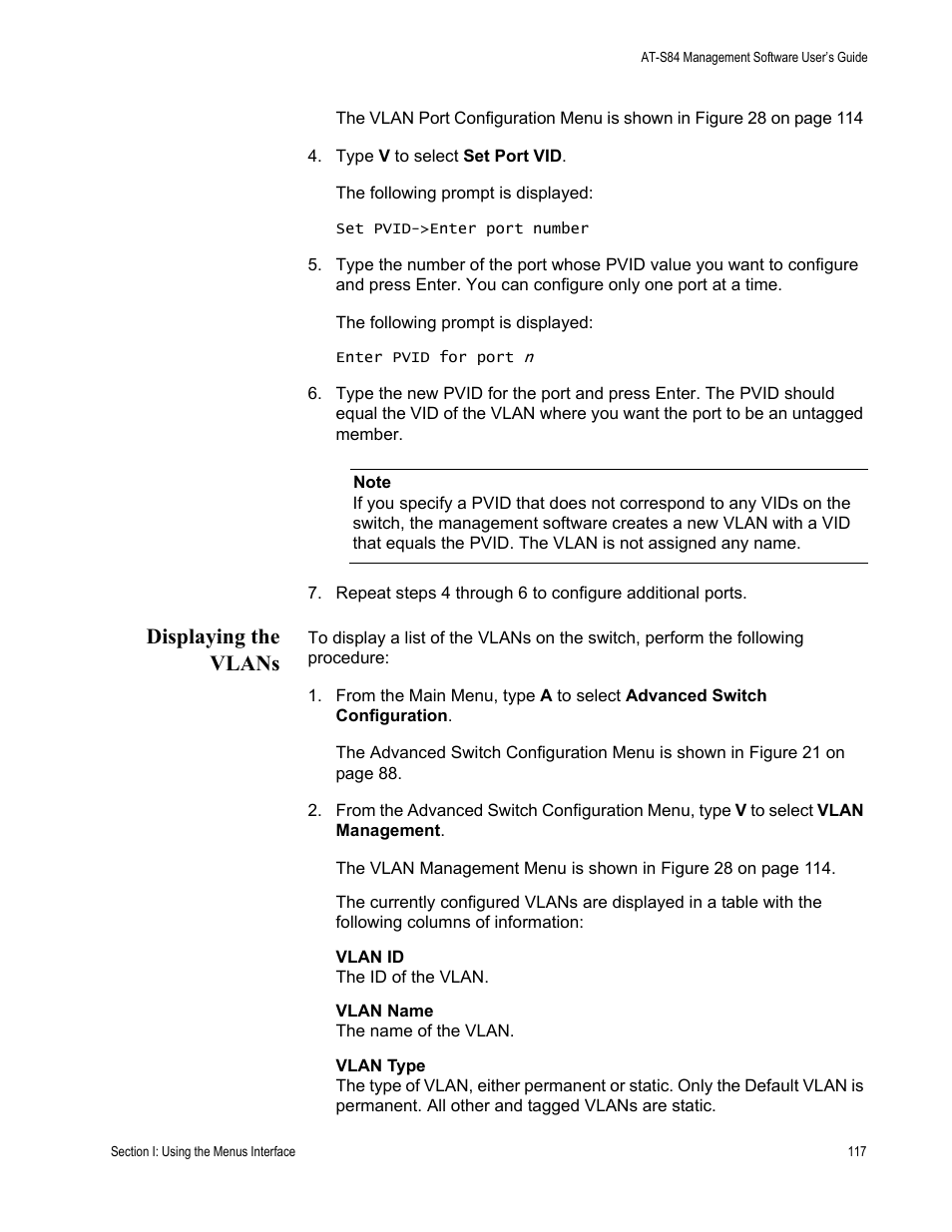 Displaying the vlans | Allied Telesis AT-S84 User Manual | Page 117 / 326