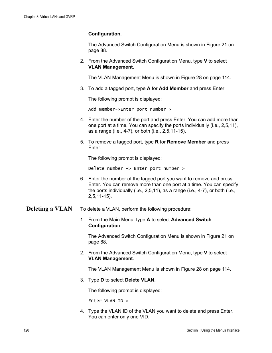 Deleting a vlan | Allied Telesis AT-S84 User Manual | Page 120 / 326