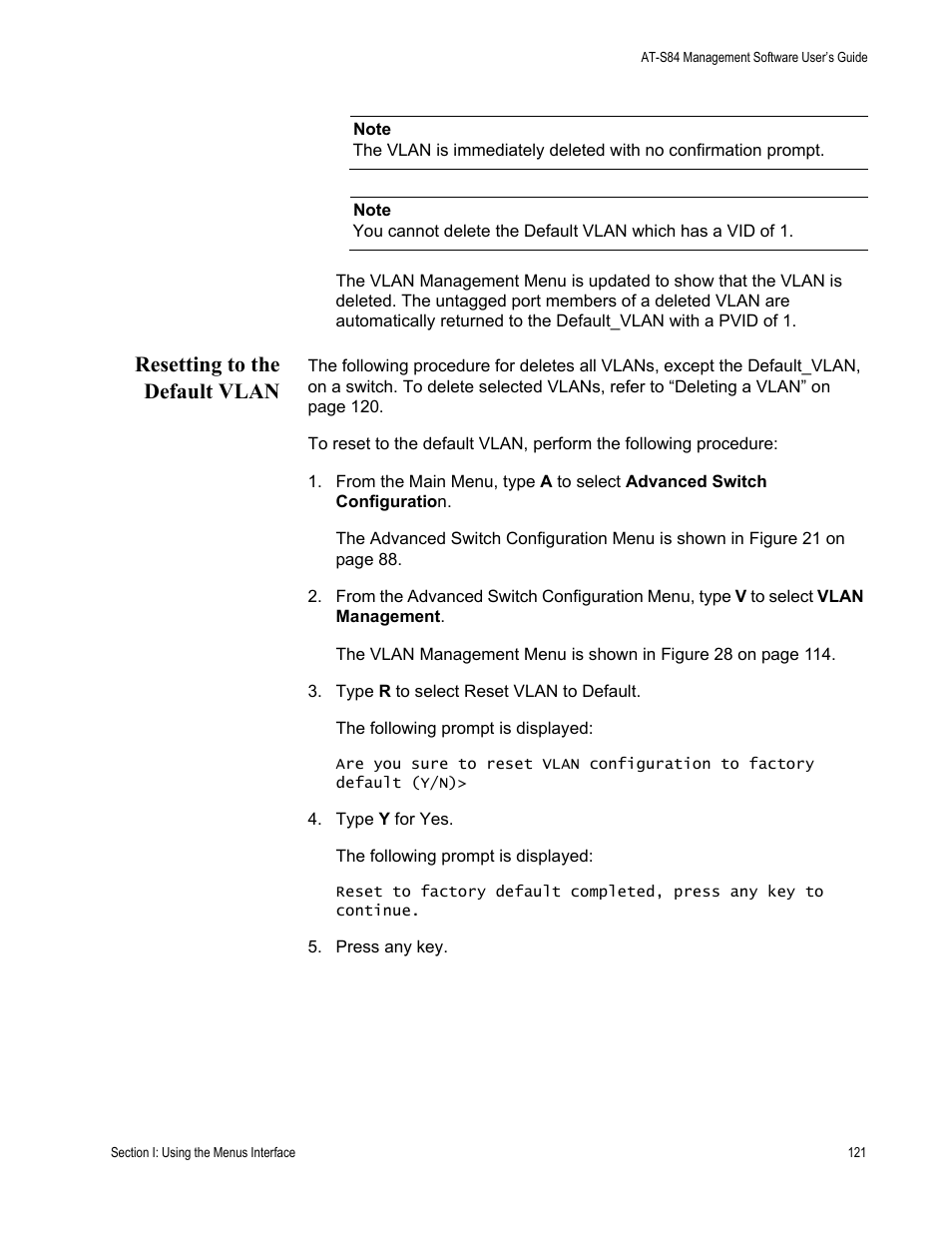 Resetting to the default vlan | Allied Telesis AT-S84 User Manual | Page 121 / 326