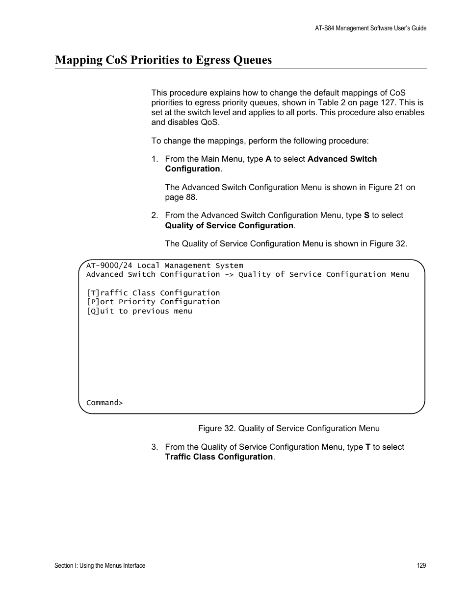 Mapping cos priorities to egress queues | Allied Telesis AT-S84 User Manual | Page 129 / 326
